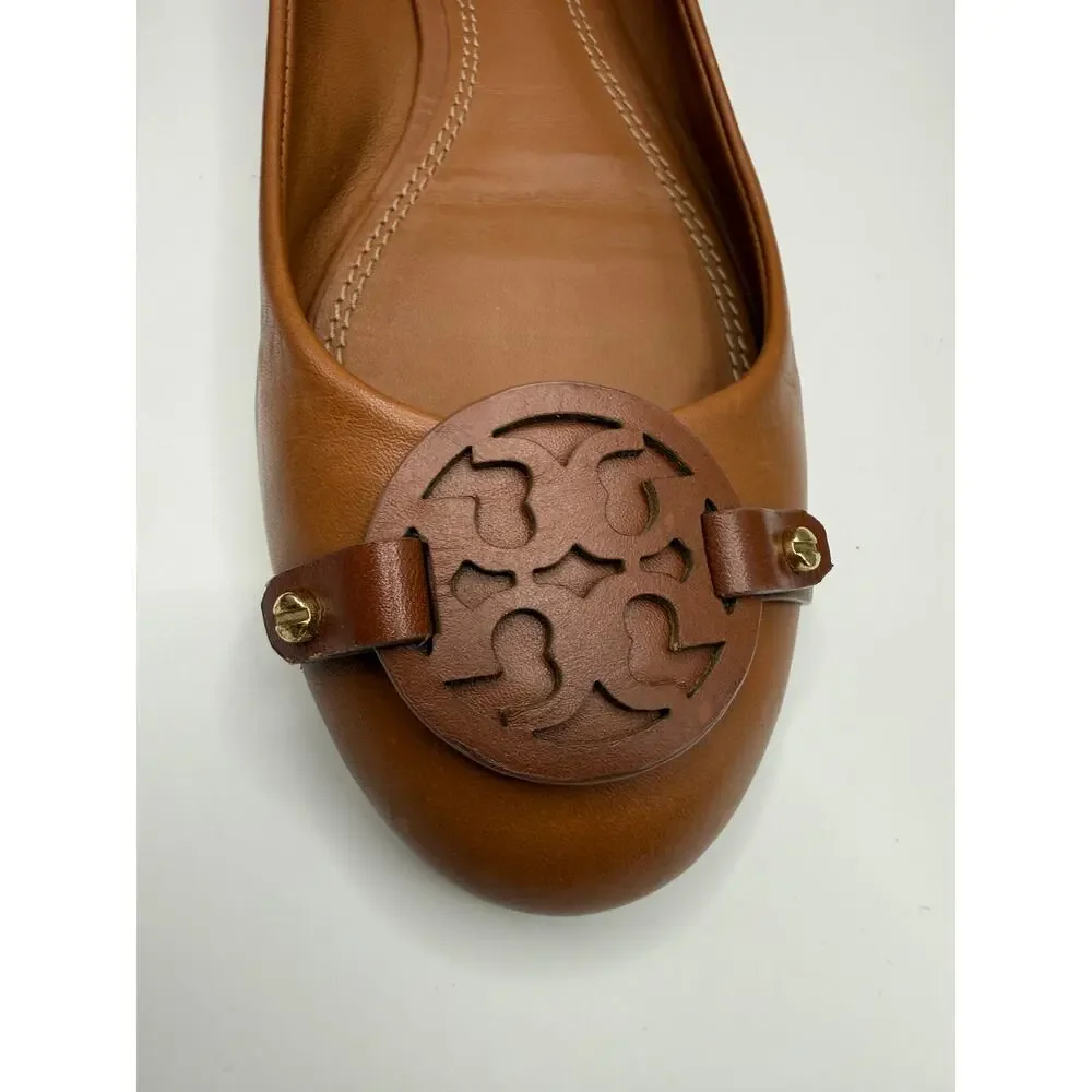 Tory Burch Gabriel flats Sz 8 Cognac Brown leather logo medallion